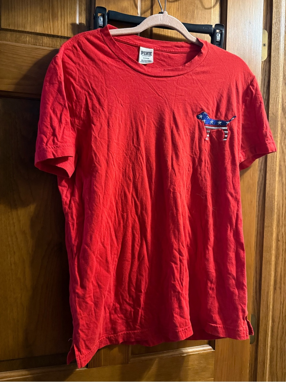 PINK Victoria's Secret medium Red Short-Sleeve Tee with Patriotic bling Dog